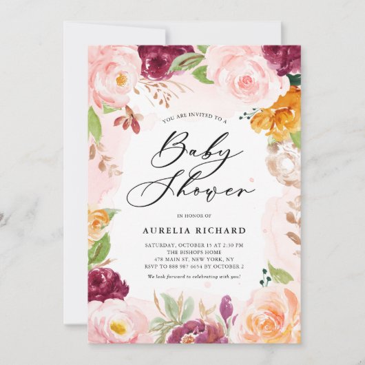 Boho Waterverf Blush Burgundy Floral Baby shower Kaart (Voorkant)