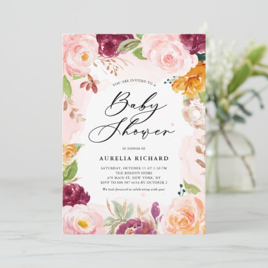 Boho Waterverf Blush Burgundy Floral Baby shower Kaart (Staand voorkant)