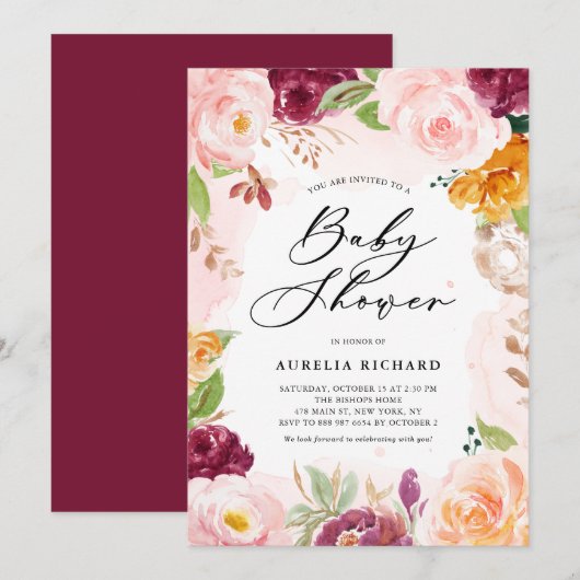 Boho Waterverf Blush Burgundy Floral Baby shower Kaart (Voorkant / Achterkant)