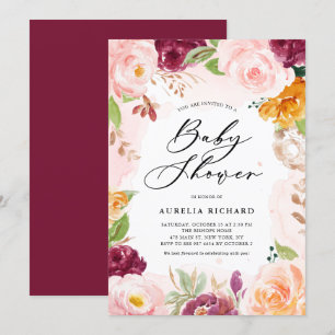 Boho Waterverf Blush Burgundy Floral Baby shower Kaart