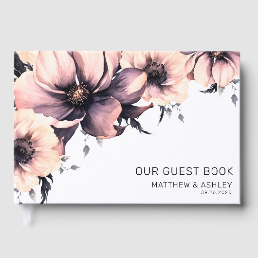 Boho Waterverf Blush Roze Bloemen Bruiloft Gastenboek (Voorkant)