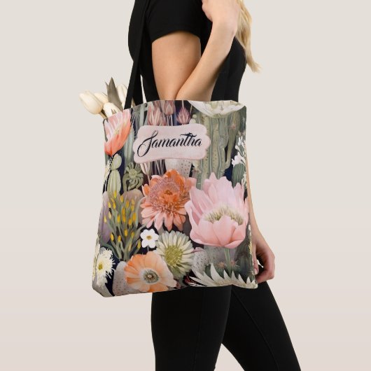 Boho Waterverf Blush Roze, Perzik Cactus Floral Tote Bag (Dichtbij)