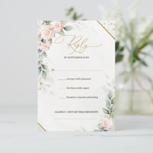 Boho waterverf blush rozen eucalyptus goud lijst RSVP kaartje (Staand voorkant)