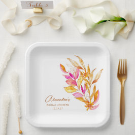 Boho Waterverf Botanische Roze Gouden Bruidsdouche Papieren Bordje
