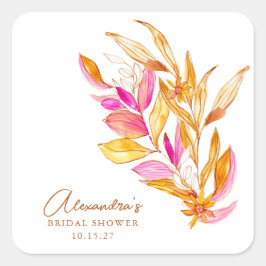 Boho Waterverf Botanische Roze Gouden Bruidsdouche Vierkante Sticker