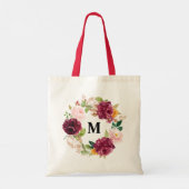 Boho Waterverf Bourgondië Bloemenkrans Monogram Tote Bag (Achterkant)