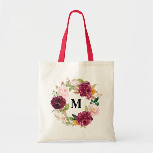 Boho Waterverf Bourgondië Bloemenkrans Monogram Tote Bag (Voorkant)