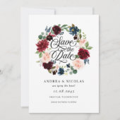 Boho Waterverf Bourgondië en blauwe bloemenkrans Save The Date (Voorkant)