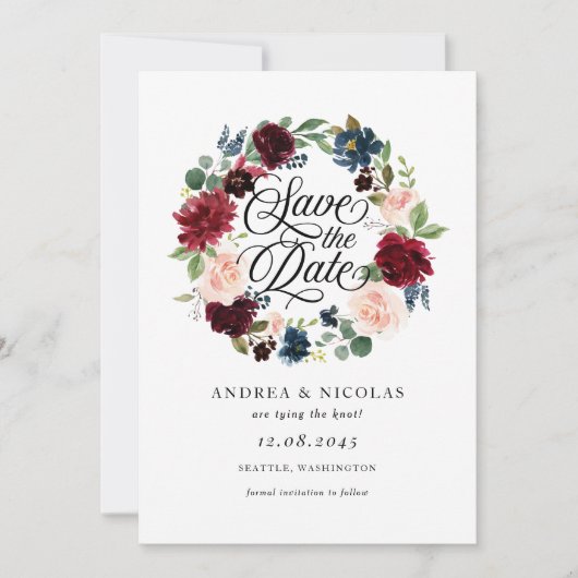 Boho Waterverf Bourgondië en blauwe bloemenkrans Save The Date (Voorkant)