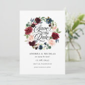 Boho Waterverf Bourgondië en blauwe bloemenkrans Save The Date (Staand voorkant)
