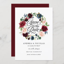 Boho Waterverf Bourgondië en blauwe bloemenkrans Save The Date