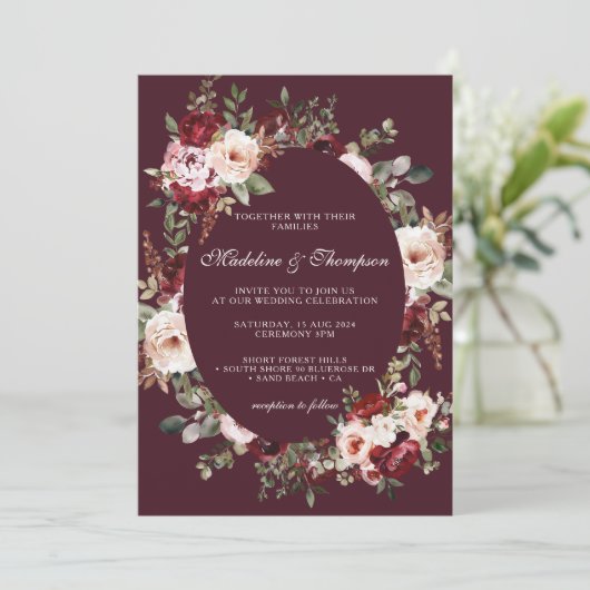 Boho Waterverf Bourgondië Rode Bloemen Lijst bruil Kaart (Staand voorkant)