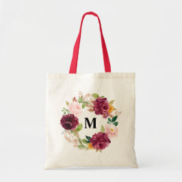Boho Waterverf Burgundy Bloemenkrans Monogram Tote Bag