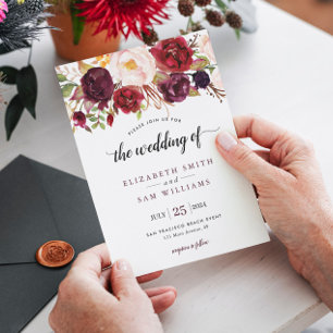 Boho Waterverf Burgundy Red Floral Rustic Wedding Kaart