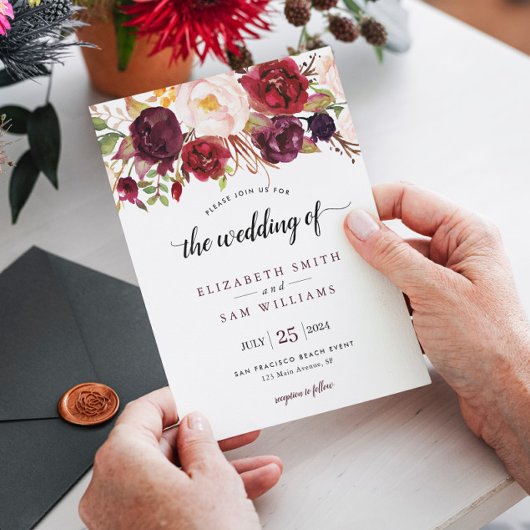 Boho Waterverf Burgundy Red Floral Rustic Wedding Kaart