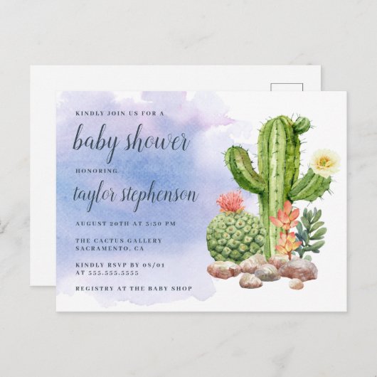 Boho Waterverf Cactus Baby shower Uitnodiging Briefkaart (Voorkant / Achterkant)
