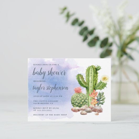 Boho Waterverf Cactus Baby shower Uitnodiging Briefkaart (Staand voorkant)