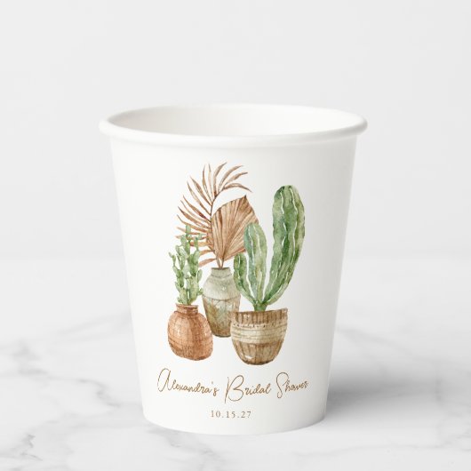 Boho Waterverf Cactus Pampas Plant Vrijgezellenfee Papieren Bekers (Voorkant)