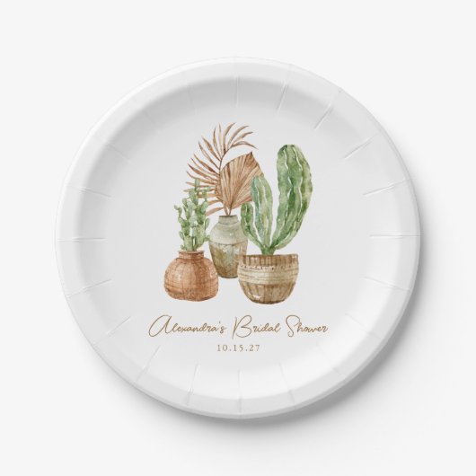 Boho Waterverf Cactus Pampas Plant Vrijgezellenfee Papieren Bordje (Voorkant)