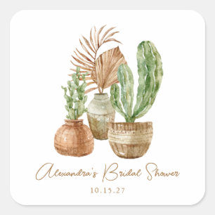 Boho Waterverf Cactus Pampas Plant Vrijgezellenfee Vierkante Sticker