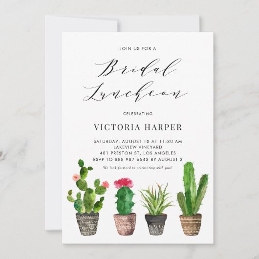 Boho Waterverf Cactus Zomer Bruids Luncheon Kaart (Voorkant)