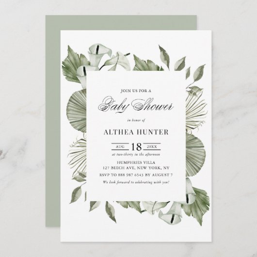 Boho Waterverf Calla Lily Greenery Baby shower Kaart (Voorkant / Achterkant)