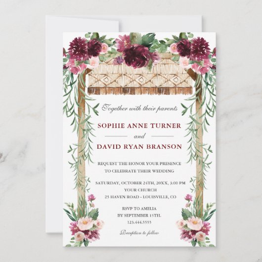 Boho Waterverf Canopy Burgundy Red Floral Wedding Kaart (Voorkant)