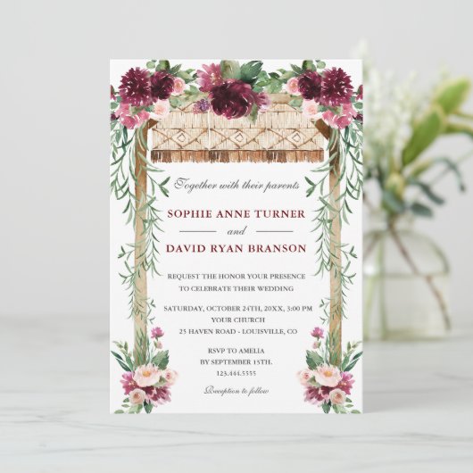 Boho Waterverf Canopy Burgundy Red Floral Wedding Kaart (Staand voorkant)