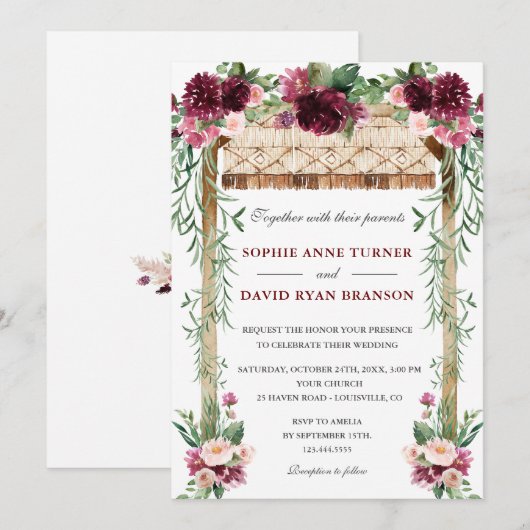 Boho Waterverf Canopy Burgundy Red Floral Wedding Kaart (Voorkant / Achterkant)