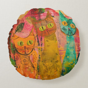 Boho Waterverf Cats - Aardse katachtige kunst (2) Rond Kussen