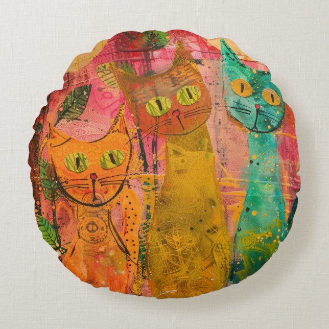 Boho Waterverf Cats - Aardse katachtige kunst (2) Rond Kussen (Voorkant)