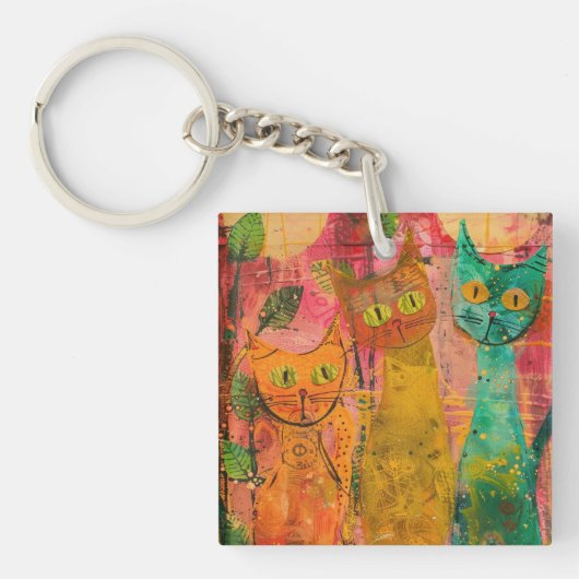 Boho Waterverf Cats - Aardse katachtige kunst (2) Sleutelhanger (Voorkant)