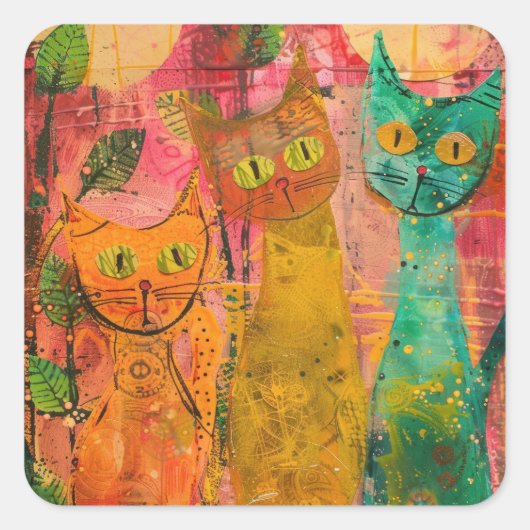 Boho Waterverf Cats - Aardse katachtige kunst (2) Vierkante Sticker (Voorkant)