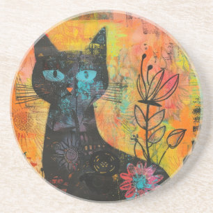 Boho Waterverf Cats - Aardse katachtige kunst (9) Zandsteen Onderzetter