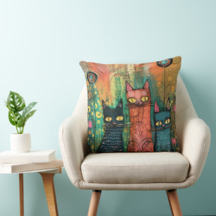 Boho Waterverf Cats - Aardse katachtige kunst Kussen