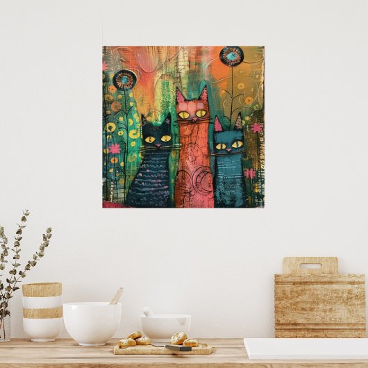 Boho Waterverf Cats - Aardse katachtige kunst Poster (Keuken)