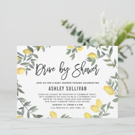 Boho Waterverf Citroen Krans Drive By Baby Shower Kaart (Staand voorkant)