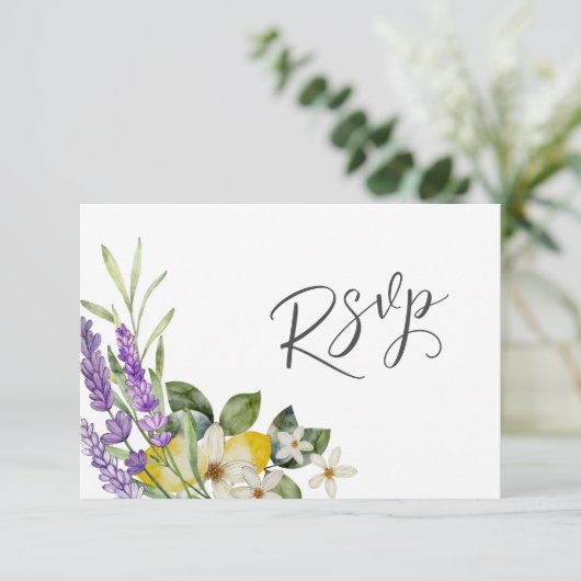 Boho Waterverf Citroenen & Lavendel Bruiloft RSVP (Staand voorkant)
