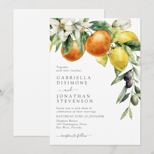 Boho Waterverf Citrus Botanische bruiloft Kaart (Voorkant / Achterkant)