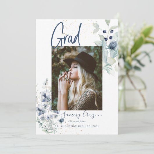 Boho Waterverf Cotton Flowers Afstuderen Aankondiging (Staand voorkant)