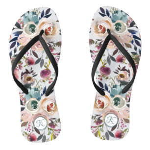 Boho Waterverf Crème Groen Roze Monogram Bloemig Teenslippers
