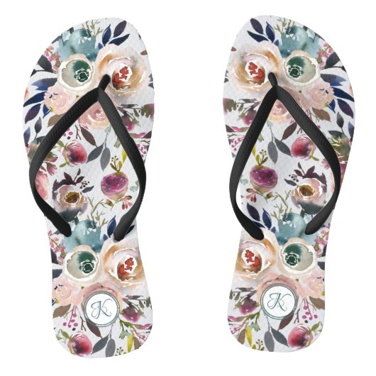 Boho Waterverf Crème Groen Roze Monogram Bloemig Teenslippers (Voetbed)