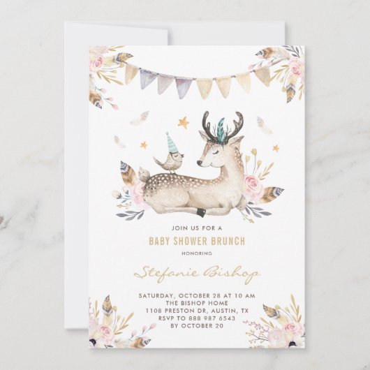 Boho Waterverf Deer en Bird Baby shower Brunch Kaart (Voorkant)