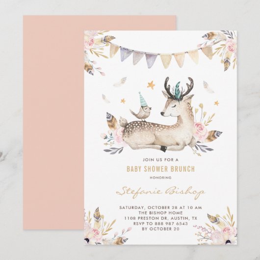 Boho Waterverf Deer en Bird Baby shower Brunch Kaart (Voorkant / Achterkant)