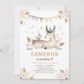 Boho Waterverf Deer en Bird Floral Kids Birthday Kaart (Voorkant)