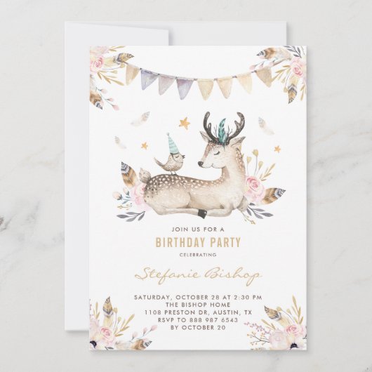 Boho Waterverf Deer en Bird Floral Kids Birthday Kaart (Voorkant)