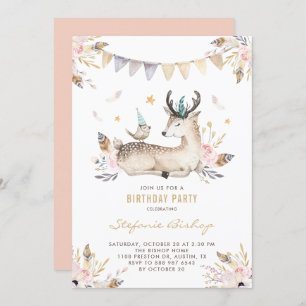 Boho Waterverf Deer en Bird Floral Kids Birthday Kaart