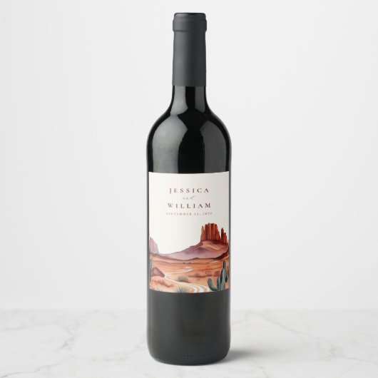 Boho Waterverf Desert Wedding Wijn Etiket (Voorkant)