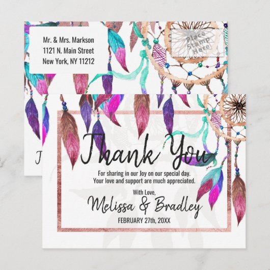 Boho Waterverf Dreamcatcher Roos Gold Bedankt Briefkaart (Voorkant / Achterkant)