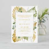 Boho Waterverf Drift Palm Leaves Summer Wedding Folie Uitnodiging (Staand Voorkant)